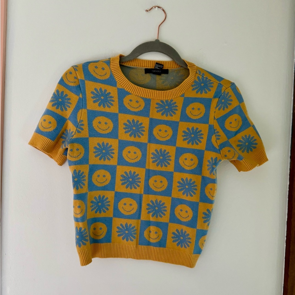 Checkered colorful smiley and floral short sleeve sweater shirt